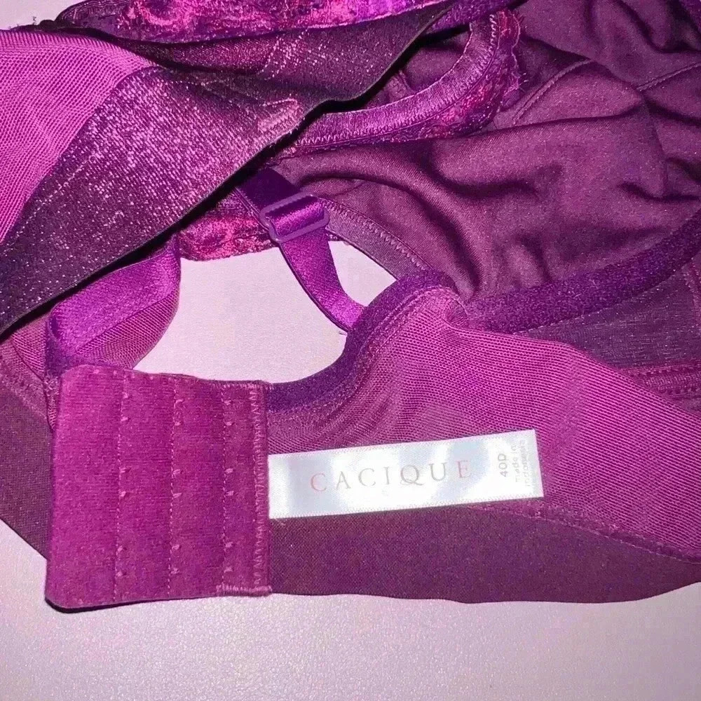 Cacique NWOT Sexy Boost Plunge Bra Womens 40D Purple Underwire Floral Lace 3Hook - Picture 9 of 14
